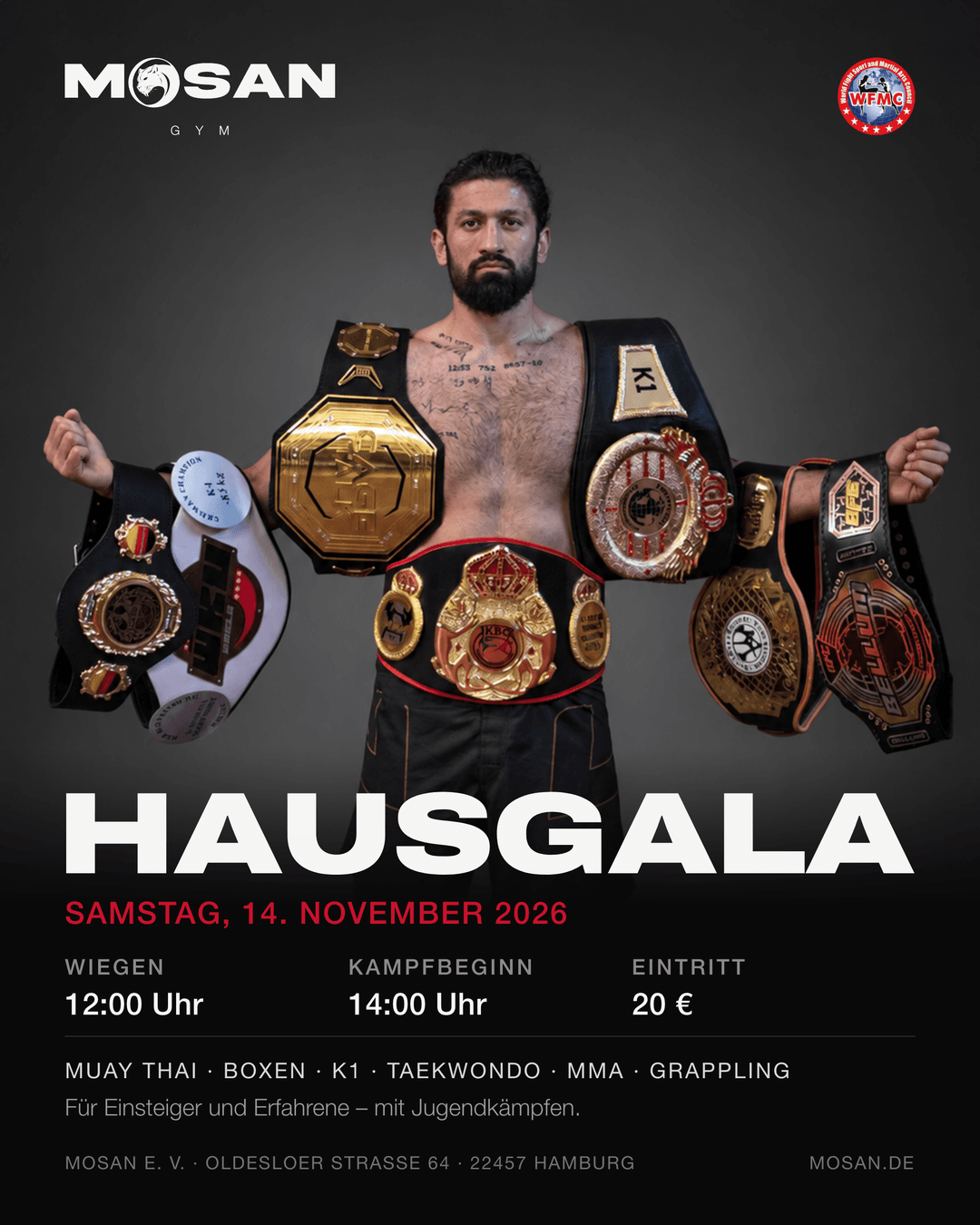 MOSAN Hausgala 2026 – Flyer: Samstag, 14. November 2026, Wiegen 12:00 Uhr, Kampfbeginn 14:00 Uhr, Eintritt 20 €